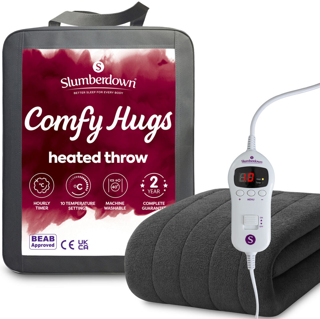 Slumberdown Comfy Hugs Heated Throw – Large Electric Blanket for Beds, Sofas & Settees, Ultra-Soft Fleece with 10 Heat Settings & Adjustable Timer – W Dark Charcoal 160cm W X 130cm L