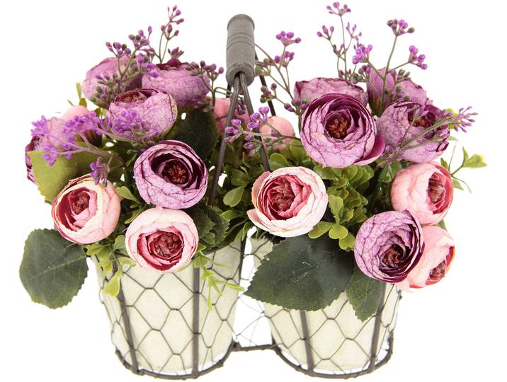 Kunstblume I.GE.A. Ranunkeln , rosa, B:21cm H:18cm L:14cm, Obermaterial: 90% Polyester, 8% Kunststoff, 2% Metall, Kunstpflanzen, Kunstblume, Im Korb aus Metall, mit Henkel