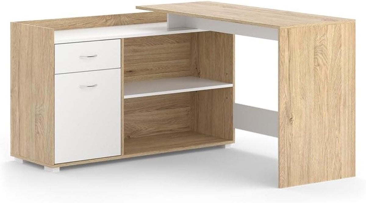 Hoekbureau met lade en royale werkbladruimte - Wit Sonoma - B/D/H: 135 x 115 x 77 cm