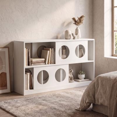 Garvee Modern Bookcase with Sliding Doors, Open Storage Cubes & Geometric Circle Cutout Design, for Home Office