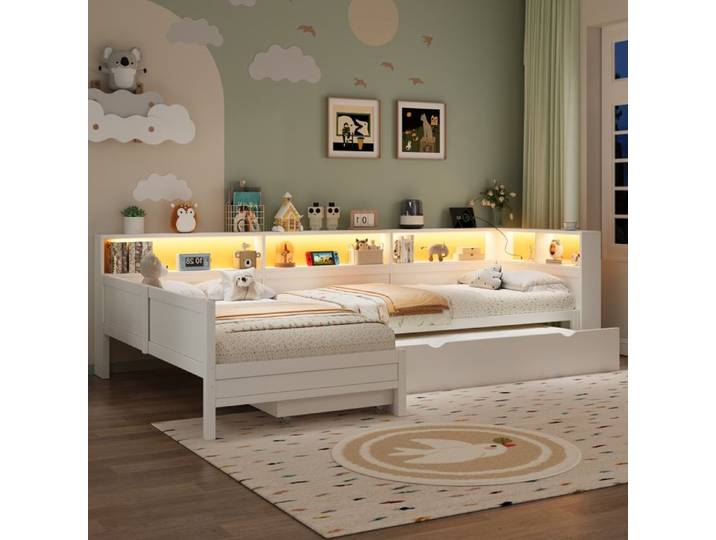 Lit gigogne 3 places en L - ZEVKOR - Lit plateforme L - MDF & contreplaqué - 90×200 cm - LED intégrée tiroir