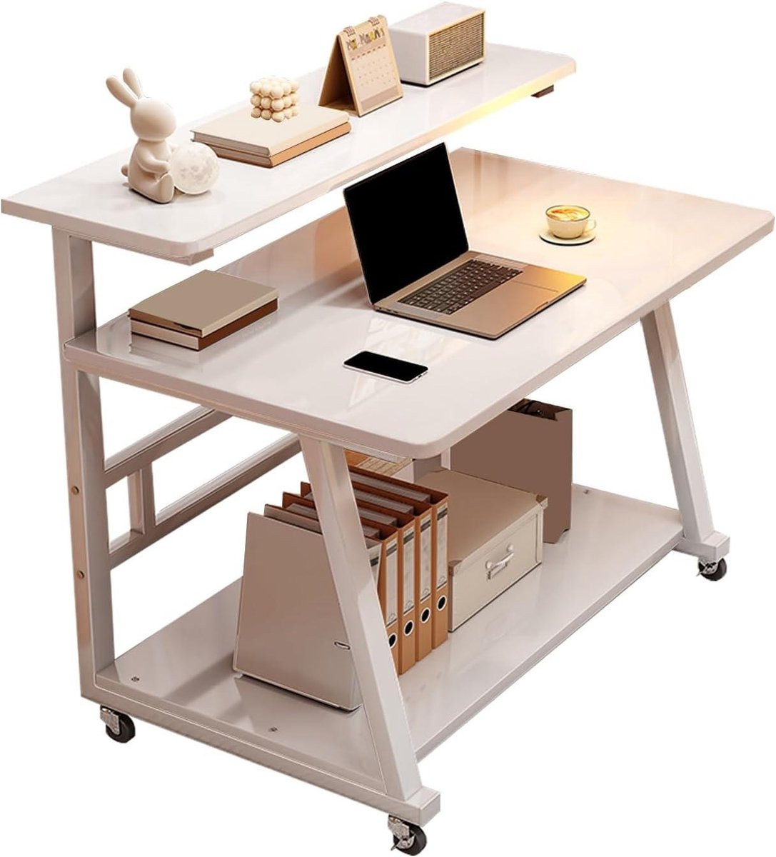 Draagbaar computerbureau met wieltjes en dubbellaags design, Beige, Breedte: 80 cm