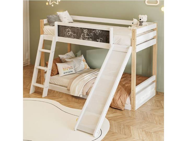Lit superposé enfant blanc avec escalier et toboggan structure en bois