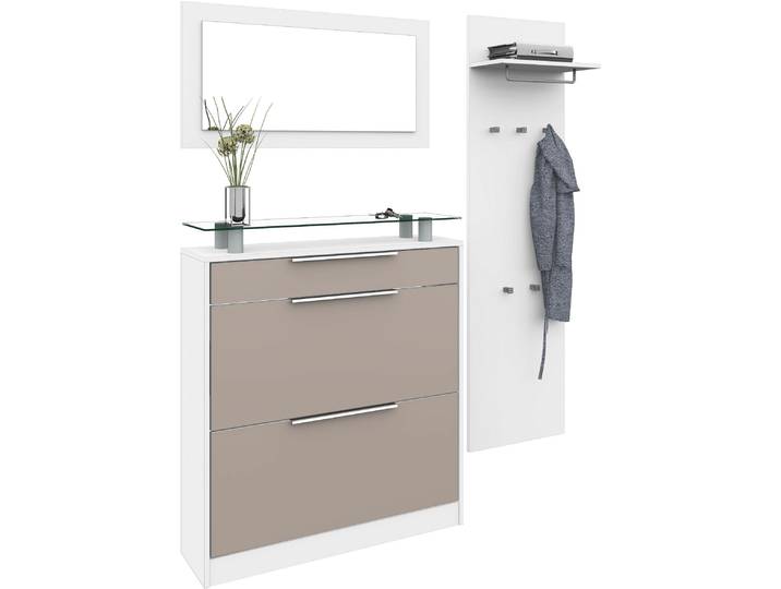 Garderoben-Set BORCHARDT MÖBEL Oliva , weiss (weiß matt, cappuccino), Kastenmöbel-Sets, Garderoben-Set, (3-tlg.), mit stehendem Schuhschrank, Paneel und Spiegel