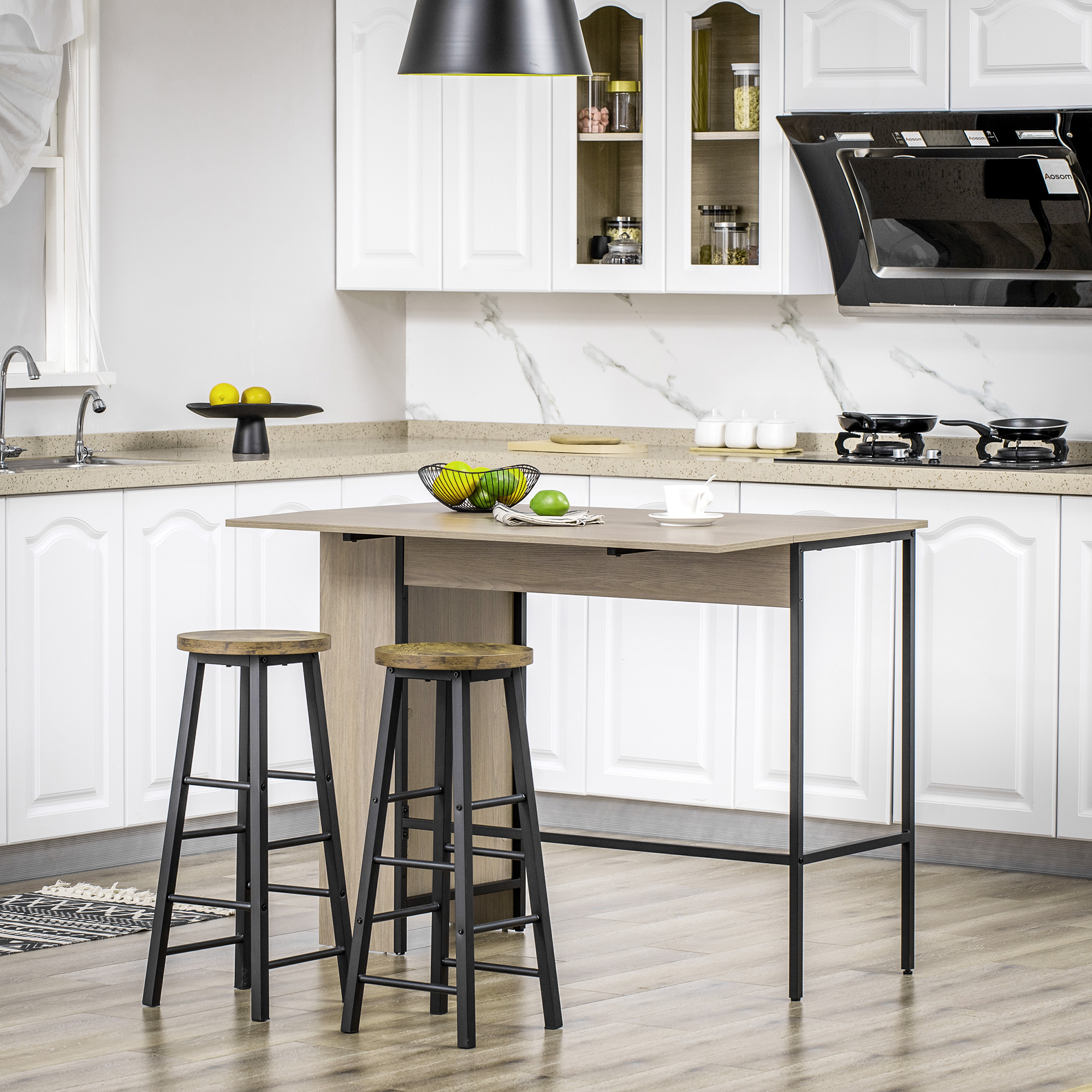 Homcom Isola centrale tavolo da bar con piano laterale ribaltabile e 3 mensole 120 x 76 x 91,4 cm grigio chiaro