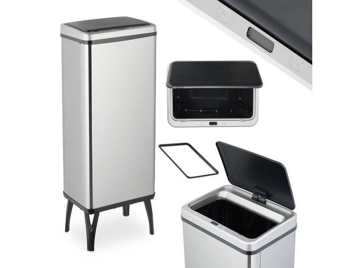 Relaxdays Mülleimer Silber Schwarz Sensor 60 L, Silberfarben, Metall, Kunststoff, 36x95x26 cm, Haushalt & Reinigung, Reinigung, Mülleimer & Abfallsammler