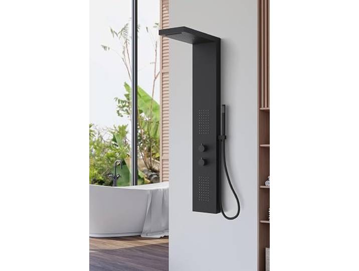 Duschpaneel Edelstahl Schwarz mit Wasserfall & Regendusche, Duschsäule mit Handbrause, Mechanischer Messing Mischer mit schwarzen Griffen, 1,5 m Edelstahl Schlauch