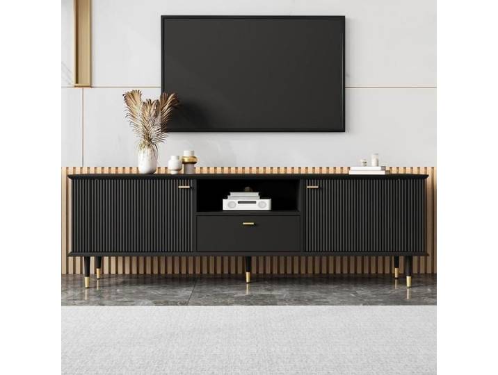 Meuble TV - KOMHTOM - Meuble TV 170 cm - Noir - Pieds métal dorés - Fermeture douce