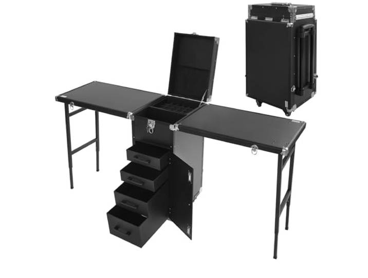 Kosmetikkoffer Trolley Faltbar Erweiterbar 2-Tisch&4-Schublade mit Teleskopgriff Zahlenschloss Schminktisch Schminkkoffer Make-Up-Koffer Kosmetik Koffer Nagelkoffer Nageltisch Friseurkoffer (Schwarz)