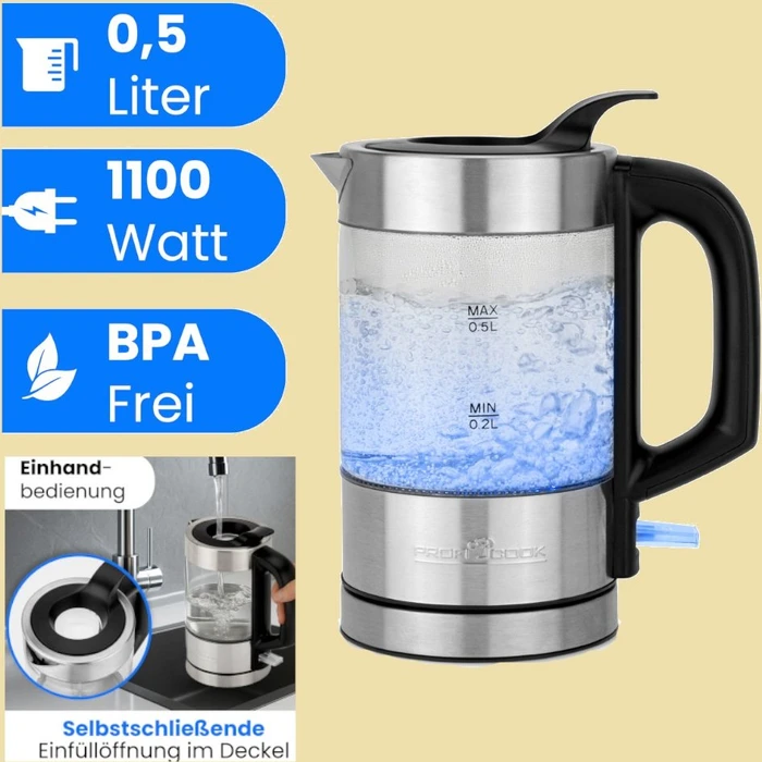 Proficook Glas-Wasserkocher PC-WKS 1228 G (edelstahl/schwarz, 0,5 Liter)