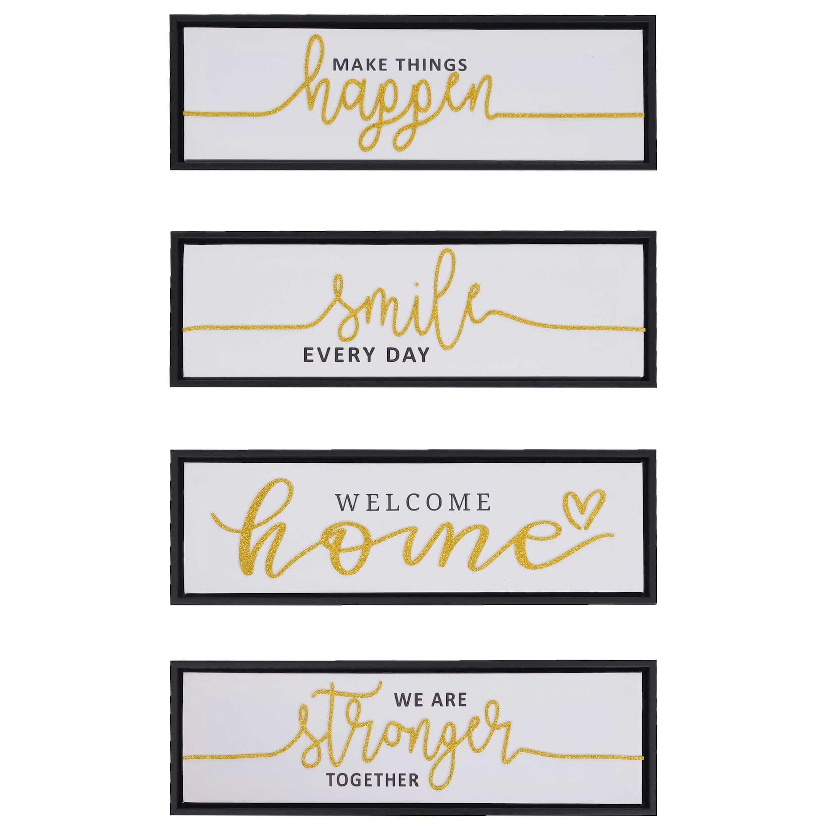 4er-Set Wandbild MCW-N96, Wanddekoration Bilderrahmen Sprüche Smile Home, Holz Leinwand 15x45cm
