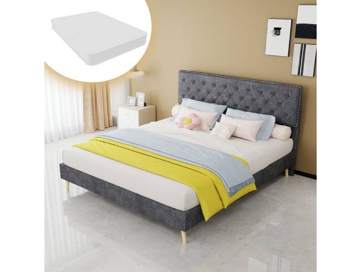 CollaHausse Lit Moelleux Minimaliste 160x200 cm Gris Tête de Lit Confortable Sommier Bas avec Matelas Inclus