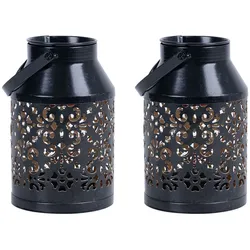 Solarlampen für Außen Balkon Deko Muster Gartendeko Metall Solarlaterne hängend Pflanzgefäß, schwarz, LED, DxH 10x16 cm, 2er Set