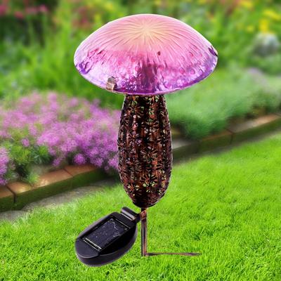 Hi-Line Gift METAL AND GLASS SOLAR MUSHROOM STAKE W/ LED - PINK AND PURPLE