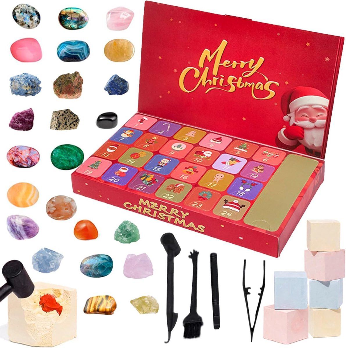 2025 Kristallen edelsteen adventskalender met 24 edelstenen en mini-opgraafset voor kinderen