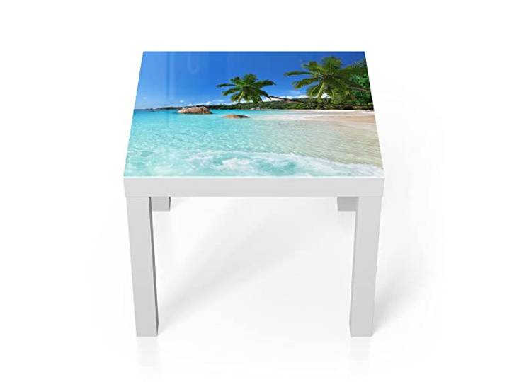 DEQORI Glastisch weiß klein 55x55 cm Motiv Bilderbuchstrand ausgefallener Beistelltisch aus Glas Hochglanz Couchtisch fürs Wohnzimmer moderner Couch Tisch mit Design