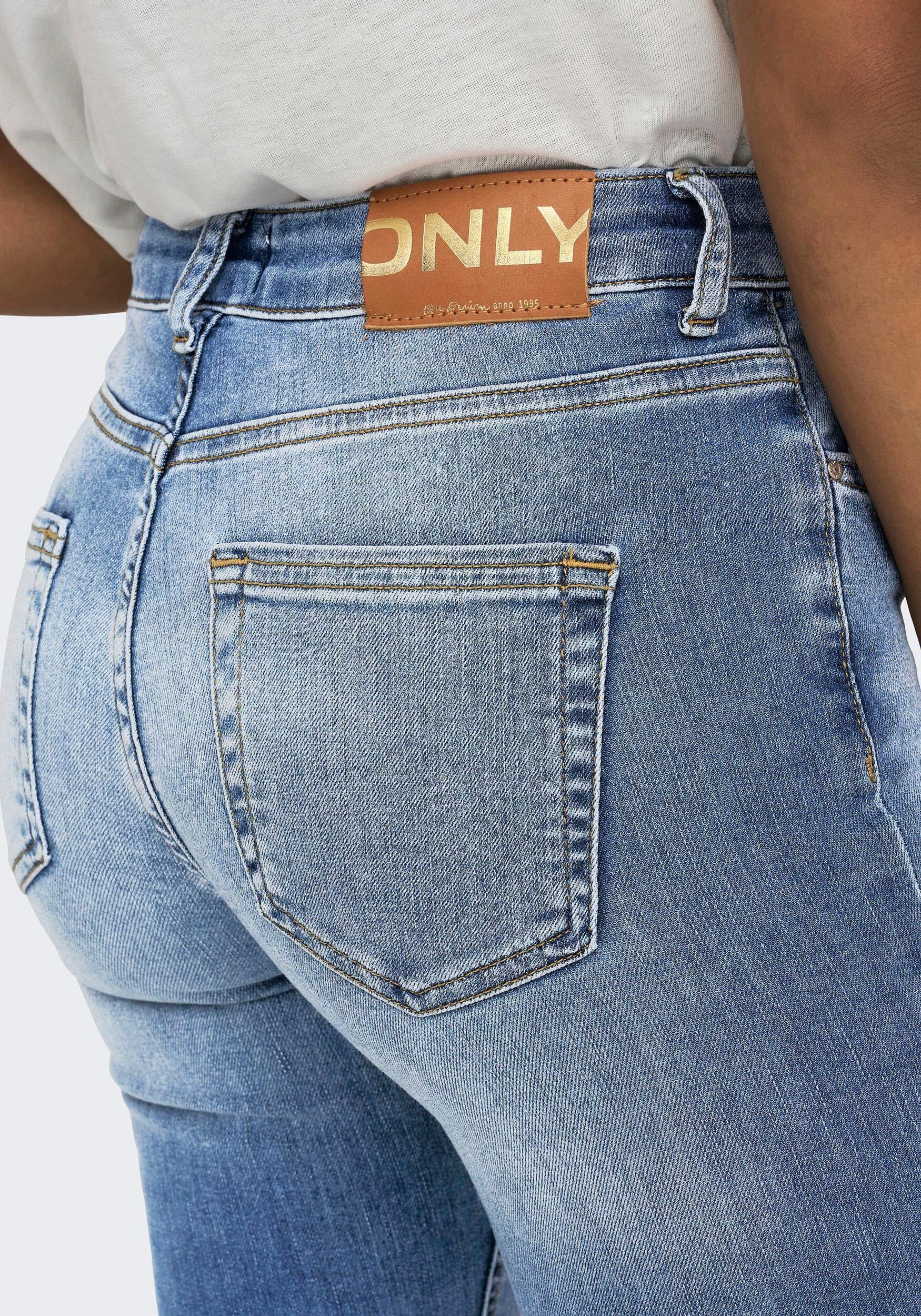 Bootcut-Jeans ONLY "ONLBLUSH – Bootcut-Jeans mit ausgestelltem Bein", Damen, Gr. S (36), Länge 30, blau (light blau denim), Denim/Jeans, Obermaterial: 92% Baumwolle, 6% Polyester, 2% Elasthan, Abriebeffekte, regular fit lang, Jeans Bootcut-Jeans, bootcut 
