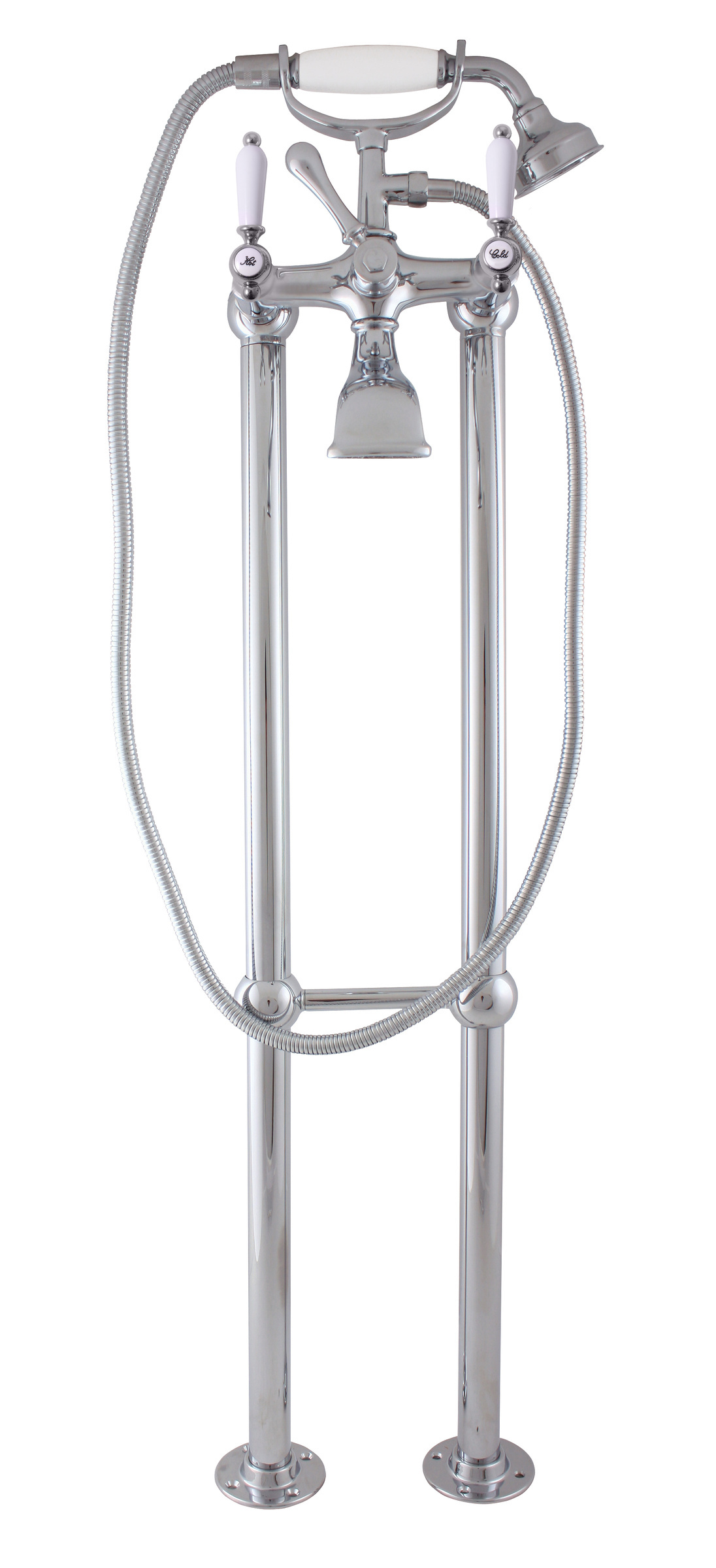 Retro Standfußarmatur Messing vergoldet mit antikalz-Keramikkartusche, Höhe 100,6 cm, Tiefe 17 cm