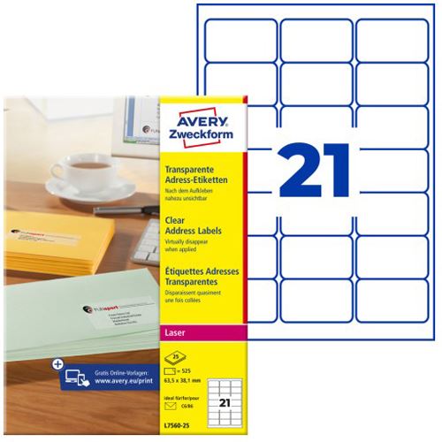 AVERY Zweckform Transparente Adress-Etiketten, 63,5 x 38,1mm Laser/Tinte 525