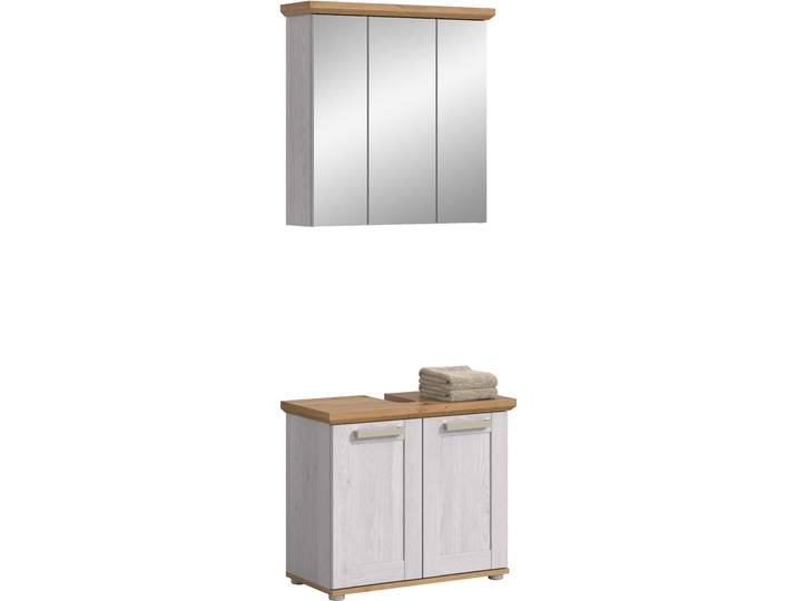 Badmöbel-Set WELLTIME COSENZA, 2-teilig, in Landhausoptik, mit farblich abgesetztem Kranz , weiss (sibiu lärche nachbildung), B:69cm H:187cm T:34cm, Kastenmöbel-Sets, Badmöbel-Set, Bad-Kombination, Badezimmer, Kombi, Bad, Bad-Möbel