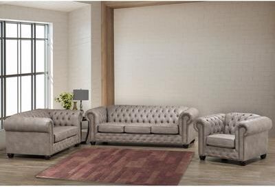 Heston Tufted Light Grey Chesterfield Sofa, Loveseat and Chair Set