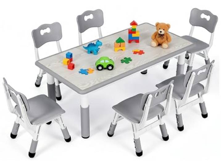 MAMIZO Kindertisch Packung mit 6 Stühlen, Kindertischgruppe Höhenverstellbar, Kinder Tisch Stuhl Set für Kindergarten und Kinderzimmer, Plastik Kindermöbel, Sitzgruppe Jungen Mädchen ab 2 Jahre, Grau