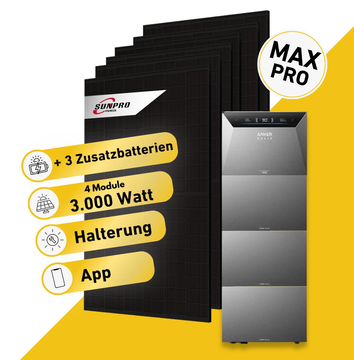 Balkonstrom Balkonkraftwerk 3000W mit Speicher | 3xZusatzspeicher | Fassadenhalterung 90 Grad | 6xSolarmodul Bifazial | Anker Solix 4 Pro |Kabel 3m