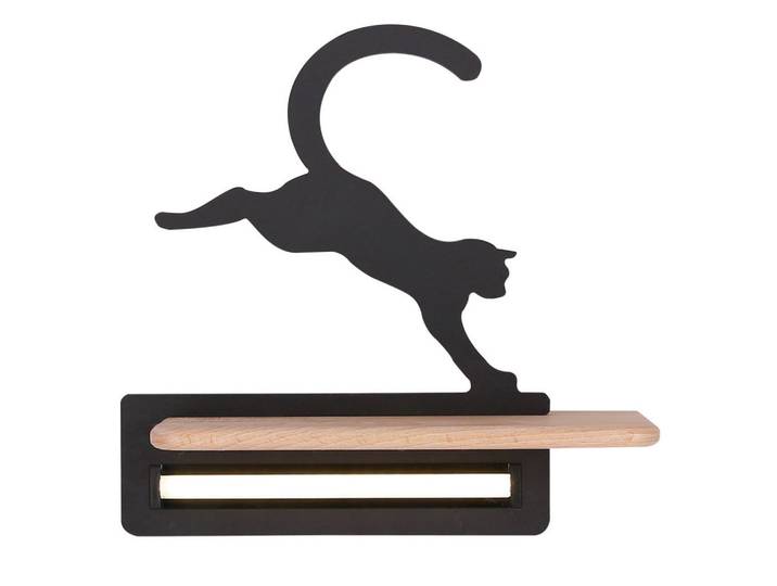 Kinderwandleuchte Cat, Schwarz, Holz, Metall, Eiche, 12x29x27 cm, RoHS, Europäischer Sicherheitsstandard, einfach zu transportieren, Lampen & Leuchten, Innenbeleuchtung, Kinderzimmerlampen, Kinderwandleuchten