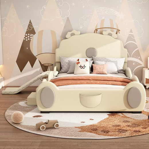 ODIKALOKinderbett Schmetterlingsbett Cartoon LED Rutsche Leiter Polyurethan140*200cm Beige