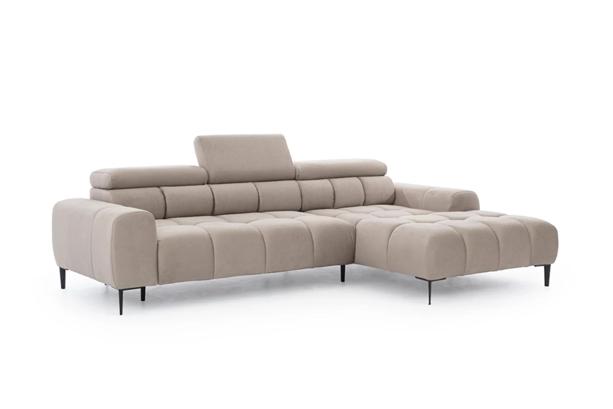 DOMO-HOME Ecksofa PLAZA Mini mit Elektrischer Sitzverstellung 270x177cm | Moderner Stil |Hoher Komfort | Verstellbare Kopfstützen | Bezug Solar in Beige | Farbe schwarz | Rechts