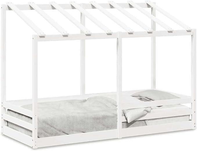 Hausbett für Kinder 75x190 cm, Kinderbett mit Dach aus massivem Kiefernholz, Stabiles Bettgestell inklusive Lattenrost, Rausfallschutz, Weißes Design