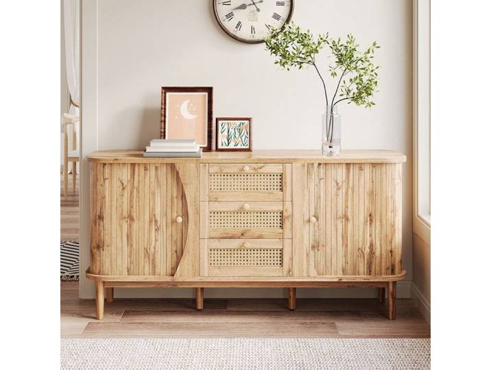 Buffet 140 5x76x40cm grain de bois+tiroirs rotin 3 tiroirs + étagères réglables pieds bois massif polyvalent salon salle à manger