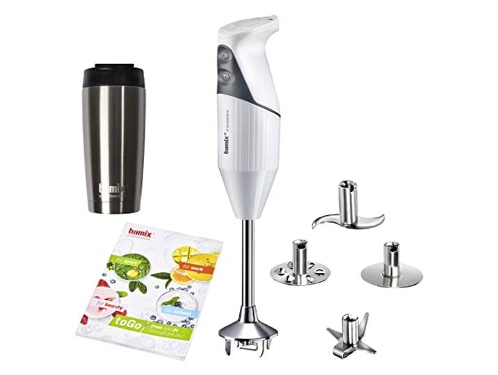 bamix Stabmixer Set M200 toGO inkl. Multifunktionsmesser, 4 Aufsätze, Isolierbecher, Smoothies Rezeptheft, 200 Watt, 2-Stufen, Edelstahl, Made in Switzerland - Weiß