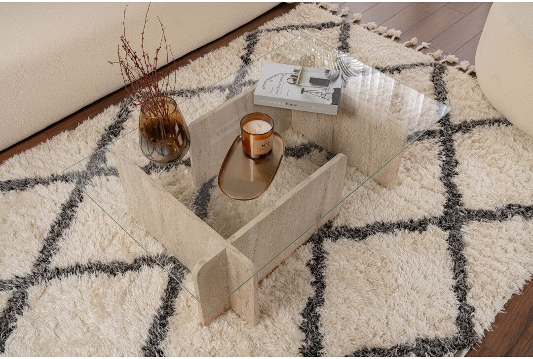 17 Stories Modern Coffee Table with Tempered Glass Top, 100% Melamine Coated Particle Board Frame, For Contemporary Living Rooms Travertine Marble