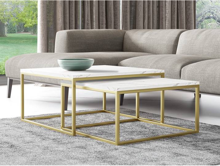 Ensemble de 2 tables basses RYSIA - or / marbre blanc