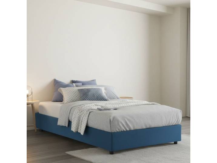 Dmora - Lit queen size Asid 205x135xh32 cm Bleu Panneau effet bois et Polyester