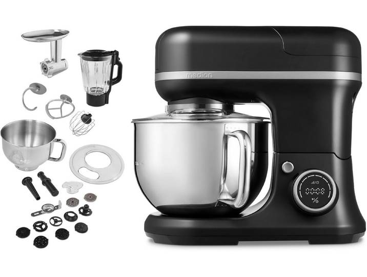 Medion® Küchenmaschine MD 18430, 1200 W, 5 l Schüssel, Mit umfangreichem Zubehör-Set, Mixeraufsatz, Fleischwolf-Aufsatz