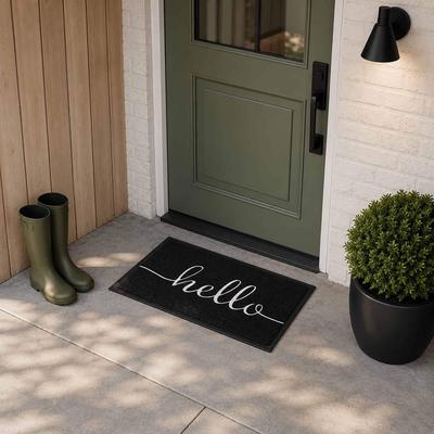 Evideco Hello Doormat 30x18 Inch Black PVC Indoor Outdoor Front Door Mat with White Script
