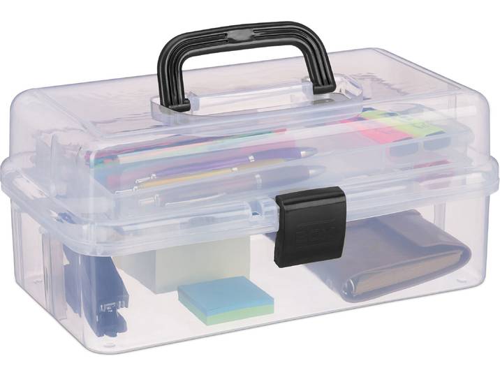 Boîte de rangement Relaxdays à 9 compartiments\, boîte de rangement pour matériel de bricolage et de couture\, H x l x P : 14\,5 x 33 x 19 cm\, transparente/noire