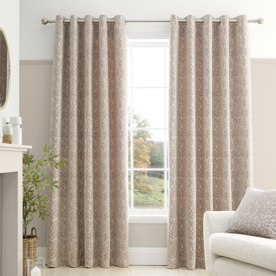 Bianca Cotton Chenille Leaves Lined Eyelet Curtains Natural 66x54 Inch
