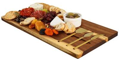 MegaChef 21 x 11 Inch Acacia Wood Cheese Board with 3 Piece Knife Set