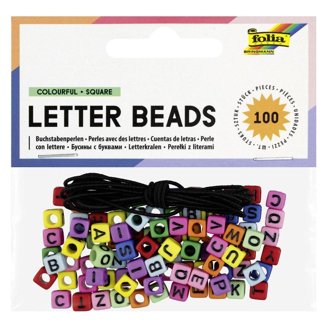 Folia Buchstabenperlen, eckig, 100 Stück, farbig sortiert, inkl. 1m Gummiband (FO33914)