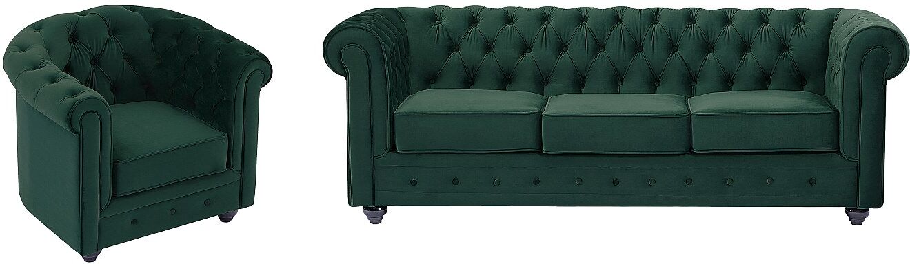 Vente-unique Driezitsbank en fauteuil van groen velours CHESTERFIELD