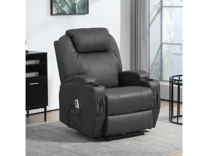Fauteuil relax massant électrique AESVAR inclinable télécommande porte-gobelet simili cuir gris foncé