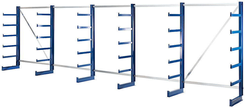 Kragarmregal mit identischer Kragarm-Länge, Regallänge 6750 mm, einseitig, enzianblau eurokraft pro