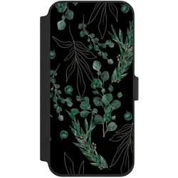 Nivocase Klapphülle für Apple iPhone 16 Plus Handyhülle aus Kunst Leder NIVOflip schwarz Blätter Natur (Apple iPhone 16 Plus), Smartphone Hülle, Schwarz