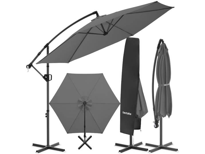 Parasol à pied déporté Artemis, pivotant à 360°, inclinable, 3 x 3 m - gris