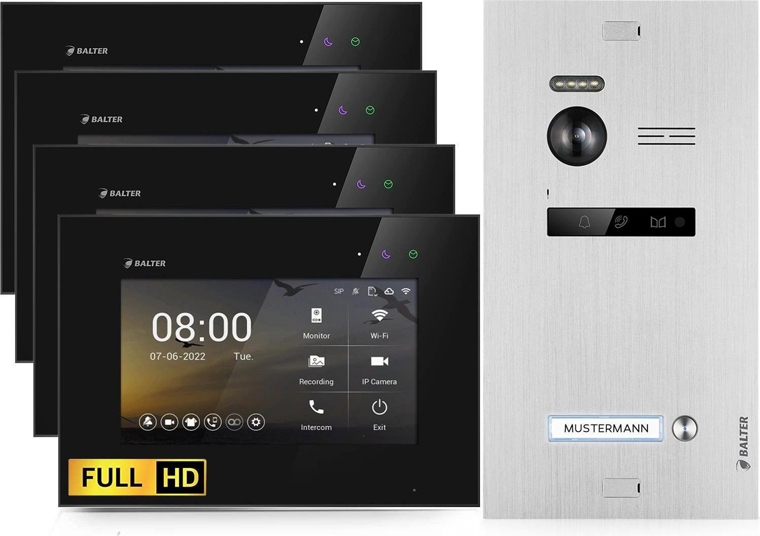 Balter EVO HD HD-videosysteem voor deurbellen met 4 monitoren, zwart