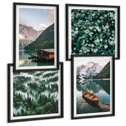 BILDER SET 4er Set - 50x50 cm & 40x60 cm Schwarzer Rahmen - Nebel auf dem Bergsee, Bootsfahrten, Nebel
