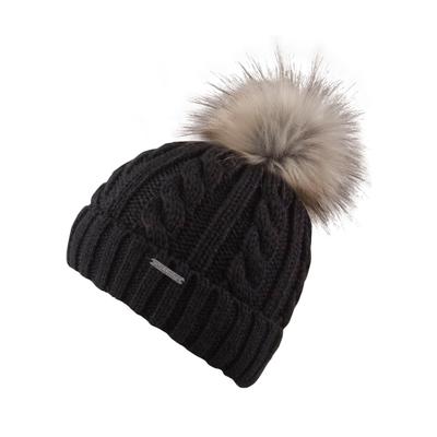 Bommelmütze CHILLOUTS "Joan Hat", Damen, schwarz, Grobstrick, Kunstfaser, Zopfmuster, unifarben, Mützen, Mit Fake-Fur Pom Pom, Zopfmuster